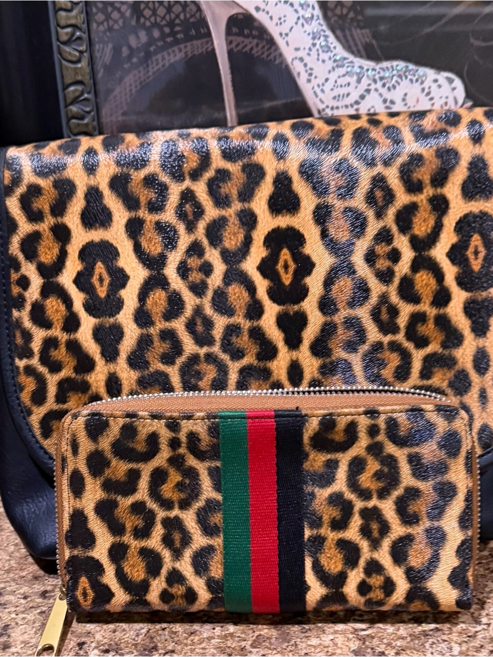Leopard Print Wallet and Clutch Set with Green-Red Stripe